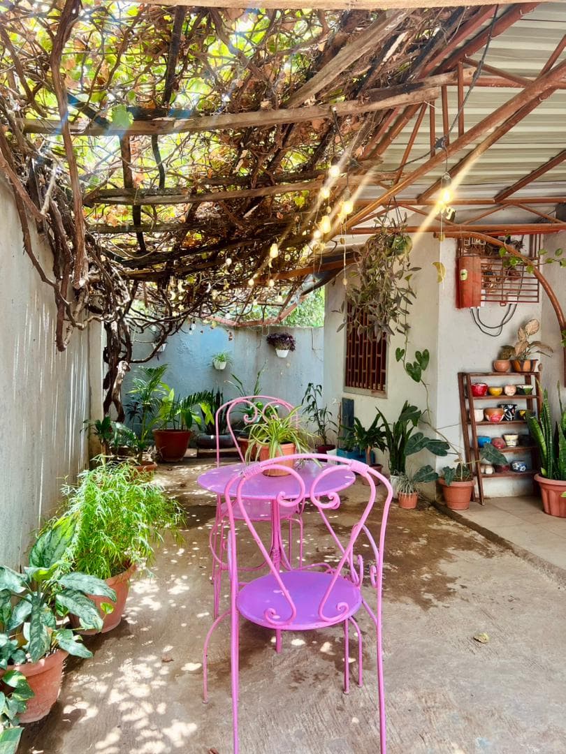 Outdoor patio with pink bistro furniture, potted plants, and vine-covered pergola with string lights